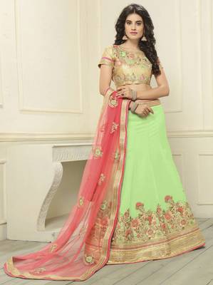 Green Embroidered Art Silk Semi Stitched Lehenga 1