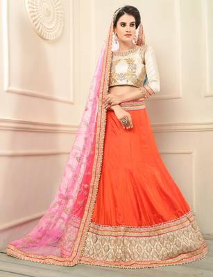 Orange Embroidered Silk Semi Stitched Lehenga 1