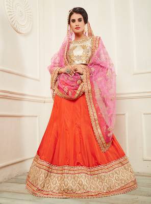 Orange Embroidered Silk Semi Stitched Lehenga 2