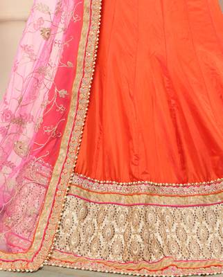 Orange Embroidered Silk Semi Stitched Lehenga 4