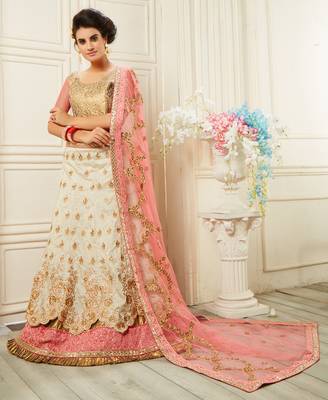 Beige Embroidered Silk Semi Stitched Lehenga 2