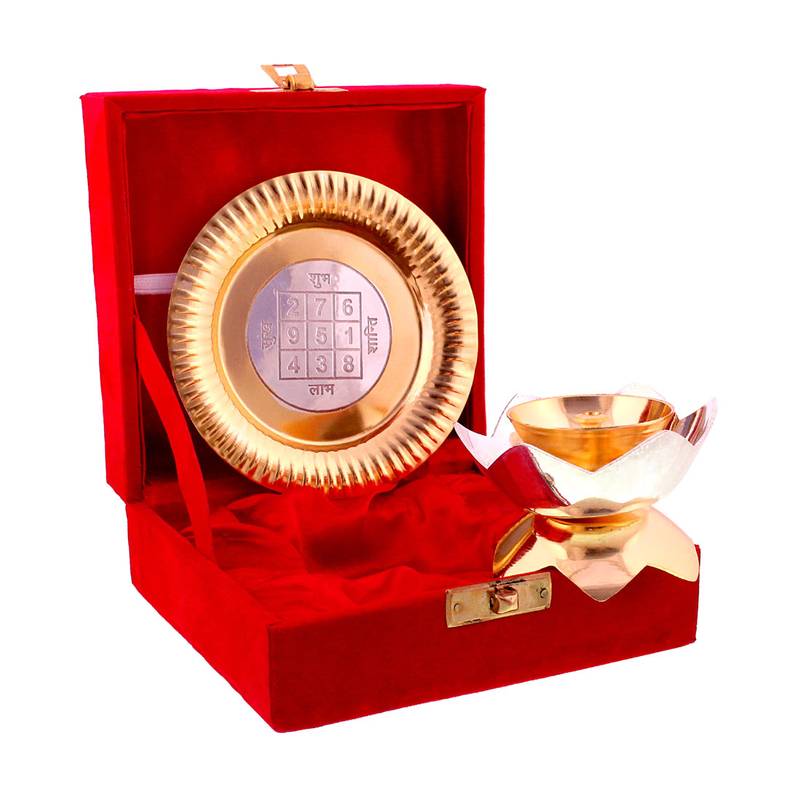 Gold Silver Akhand Jyot Diya Plate Handicraft Gift Item