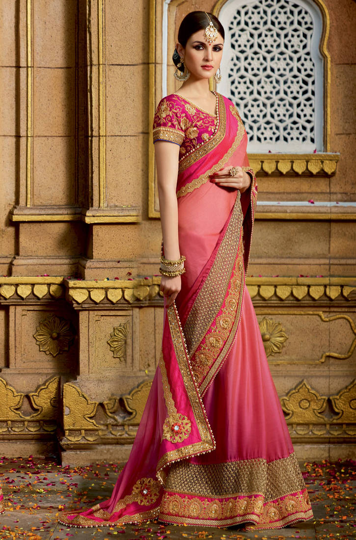 Coral embroidered chiffon saree with blouse
