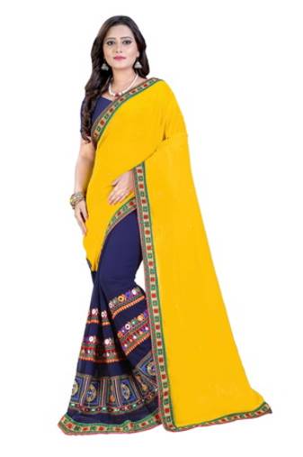 Yellow Embroidered Georgette Saree With Blouse