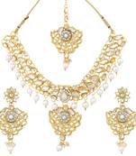 Kundan Work with Floral Leaves with Dangling Pearls Indian Rani Pink Necklace Set ZD14W