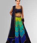 Blue printed raw silk lehenga with choli