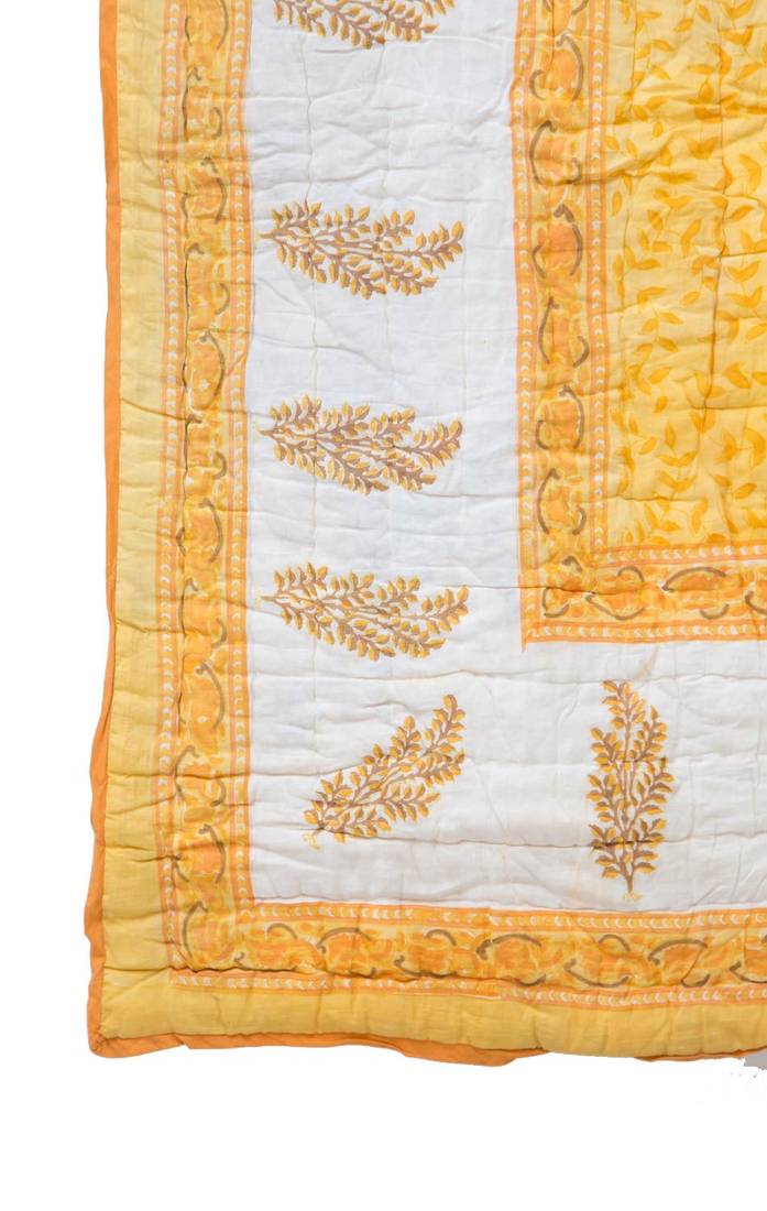 Yellow Block Printed Jaipuri Razai Cotton Single Bed Blanket REME 1754196