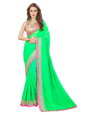 green mirror work Georgette saree with blouse 1