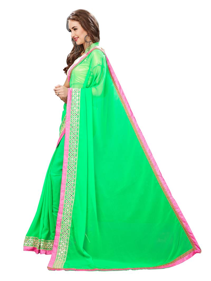green mirror work Georgette saree with blouse