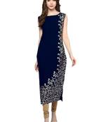 blue floral print crepe stitched kurtis