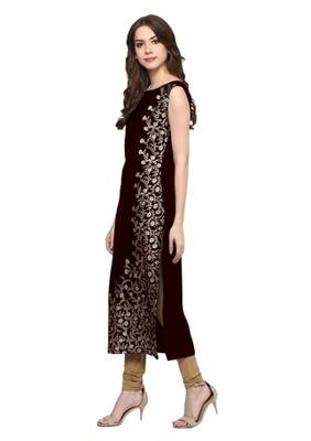 maroon floral print crepe stitched kurtis 2