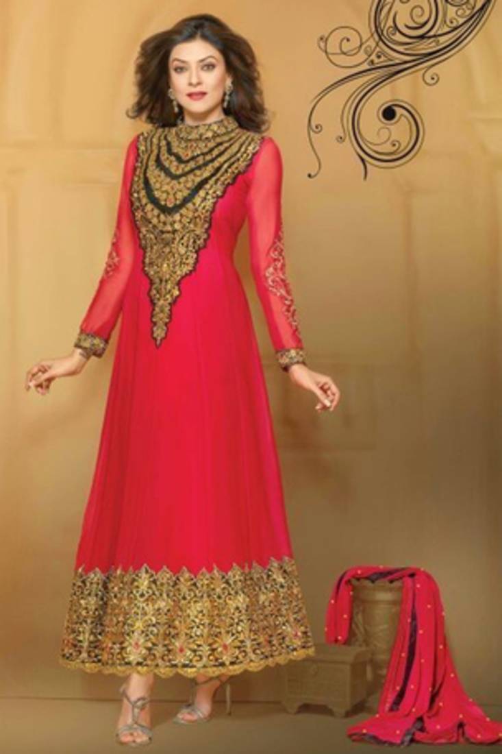 Sushmita Sen Attractive Maroon Georgette Salwar Suit Adorned by Embroidery Work