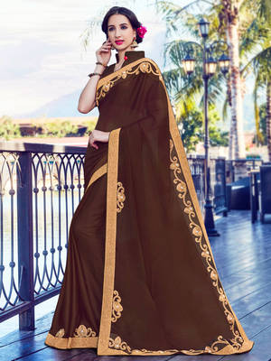 Brown zari work and patch work and and stone on patch design satin saree with blouse 1