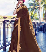 Brown zari work and patch work and and stone on patch design satin saree with blouse