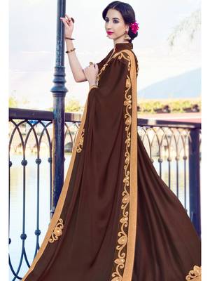 Brown zari work and patch work and and stone on patch design satin saree with blouse 2