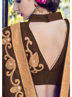 Brown zari work and patch work and and stone on patch design satin saree with blouse 3