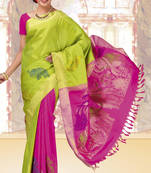 Parrot green and deep pink weaved silk saree with blouse