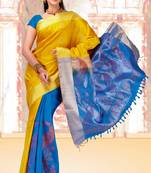 Mango yellow and blue weaved silk saree with blouse