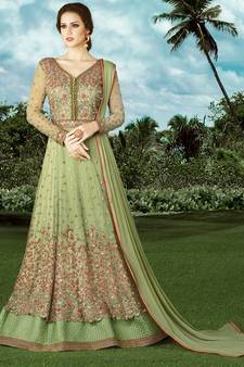 Pale Green  Embroidered Net Semi Stitched Anarkali Suit