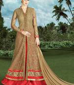 Beige embroidered net semi stitched pakistani salwar with dupatta