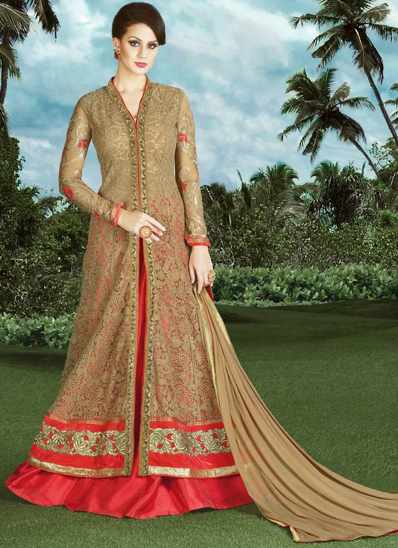 Beige embroidered net semi stitched pakistani salwar with dupatta