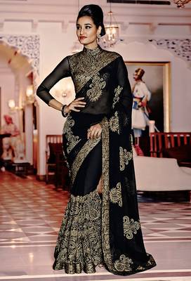 IndianEFashion BlackChiffonEmbroidery  Designer Saree 1