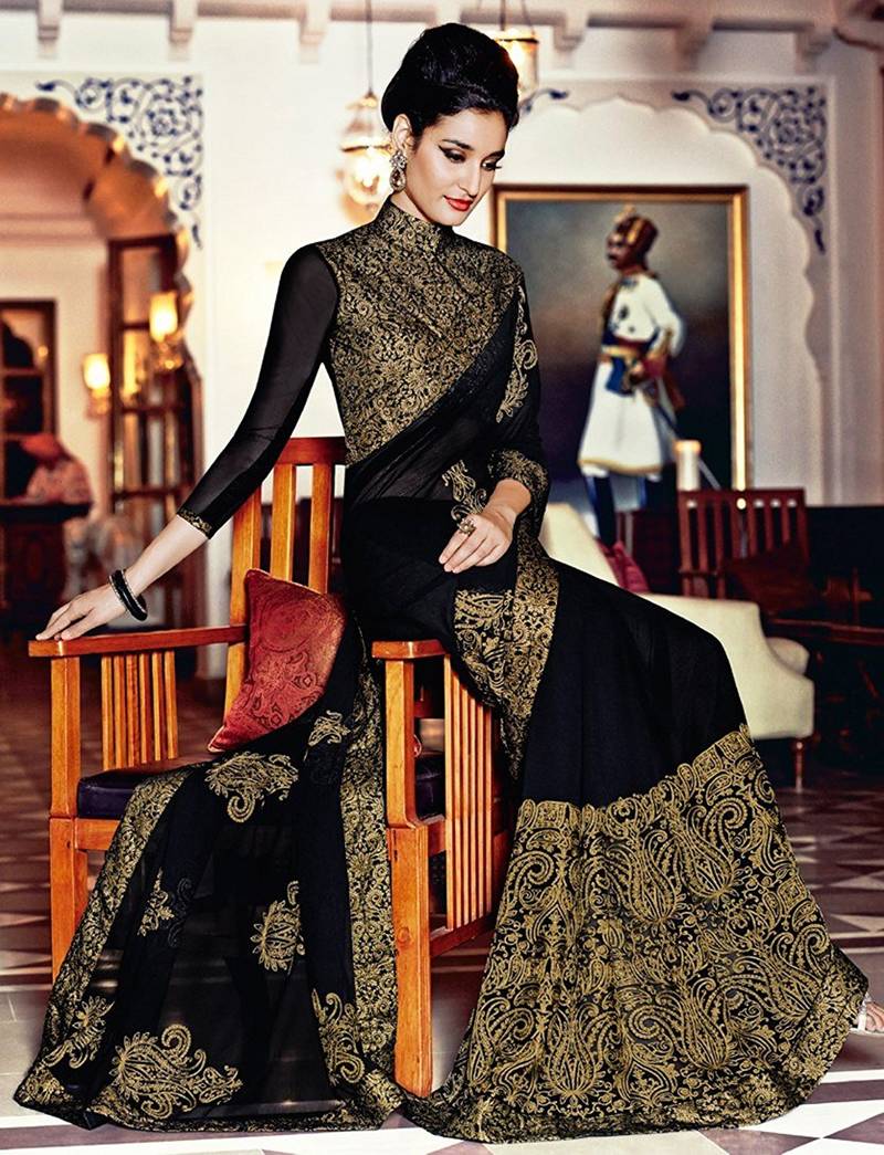 IndianEFashion BlackChiffonEmbroidery  Designer Saree