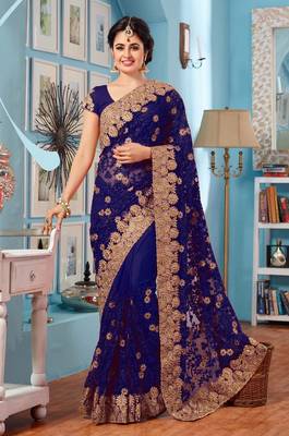 IndianEFashion Blue Georgette With Net  Embroidery  Half & Half Self Designer Saree 1