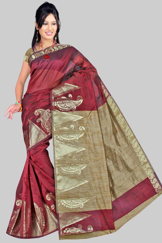 Pavecha's Banarasi Cotton Jute Saree - Khicha Big Border Maroon MK234