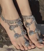Oxidized Silver Gypsy Anklet Pair , Payal With Toe Ring Attached
