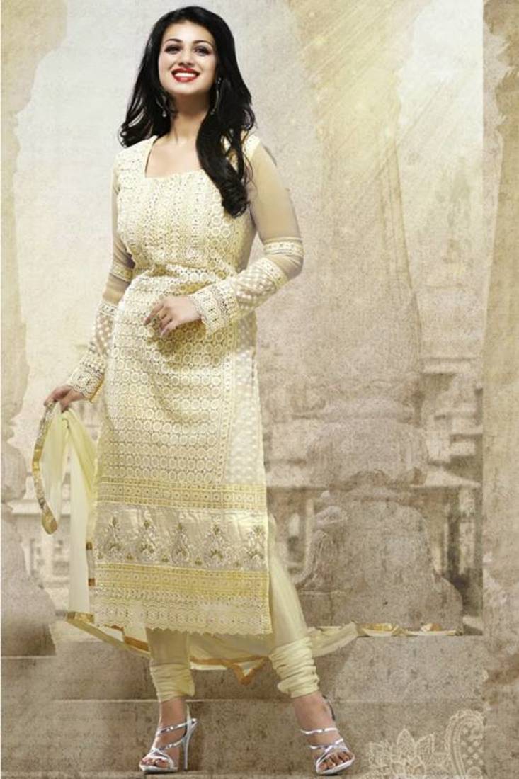 Ayesha Takia Cream Embroidered Anarkali Suit Khantil India 232432