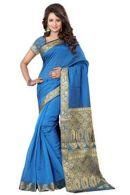Turquoise printed banarasi silk saree with blouse 1