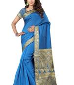 Turquoise printed banarasi silk saree with blouse