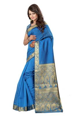 Turquoise printed banarasi silk saree with blouse 2