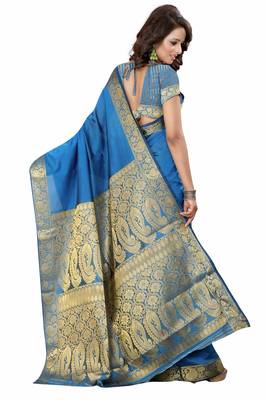 Turquoise printed banarasi silk saree with blouse 3
