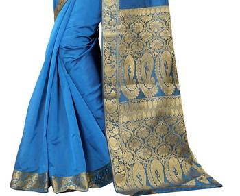 Turquoise printed banarasi silk saree with blouse 4