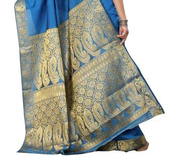Turquoise printed banarasi silk saree with blouse 5