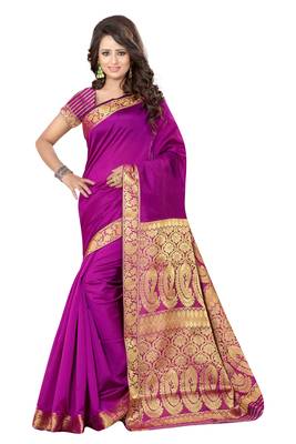 Rani pink printed banarasi silk saree with blouse 1