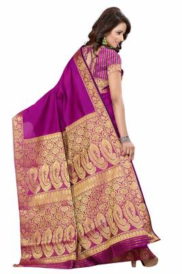 Rani pink printed banarasi silk saree with blouse 3