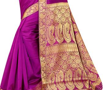Rani pink printed banarasi silk saree with blouse 4