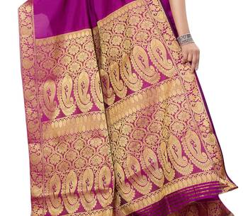 Rani pink printed banarasi silk saree with blouse 5