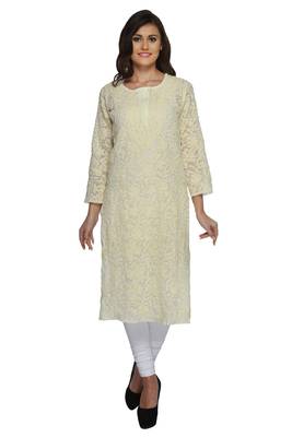 Ada Lemon Hand Embroidered Georgette Chikan Ethnic Kurti  1