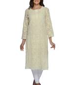 Ada Lemon Hand Embroidered Georgette Chikan Ethnic Kurti 