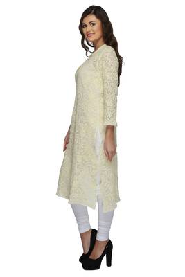 Ada Lemon Hand Embroidered Georgette Chikan Ethnic Kurti  3