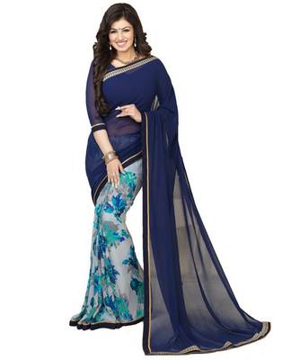 blue printed georgette saree with blouse 1