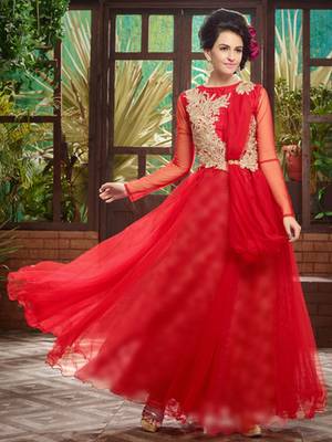 Red embroidered soft net semi stitched party wear gown 1