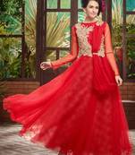 Red embroidered soft net semi stitched party wear gown