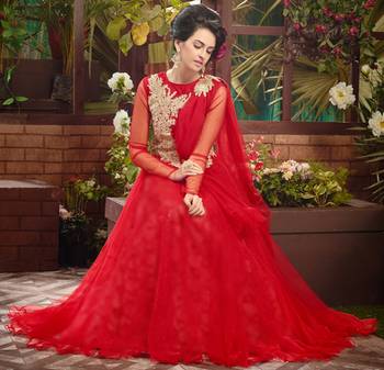 Red embroidered soft net semi stitched party wear gown 2