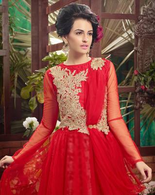Red embroidered soft net semi stitched party wear gown 3