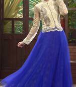 Off white and blue embroidered soft net semi stitched party wear gown